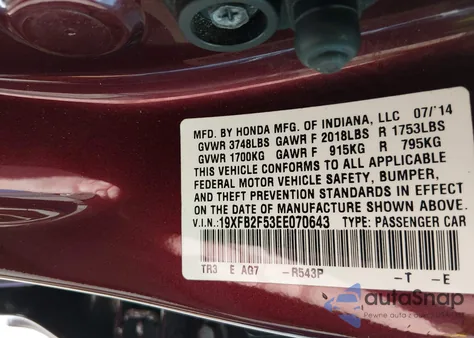 2014 Honda Civic Lx z USA, uszkodzony, nr VIN 19XFB2F53EE070643